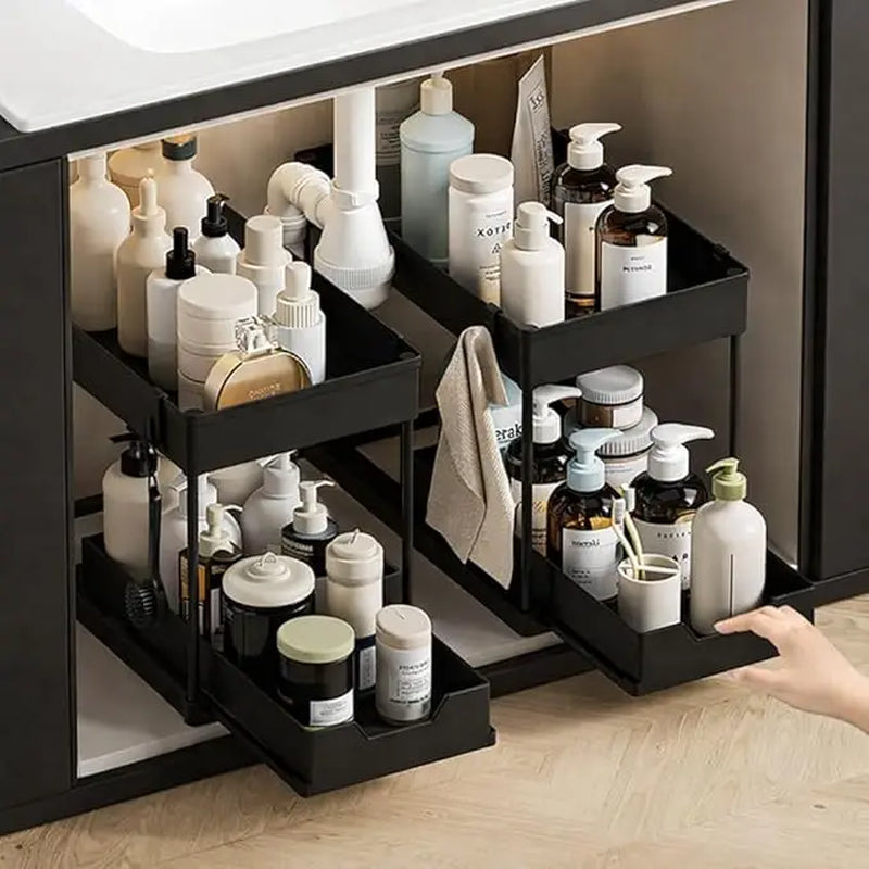 2 Tier Sliding under Sink Organizer with 5 Side Hooks and 3 Detachable Hanging Baskets,Pull Out Rustproof Metal Storage Rack,Tool Free Assembly,Multi Scene Space Saving Shelf for Kitchen,Bathroom,Laundry Room,Pantry,Apartment
