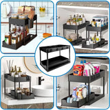 2 Tier Sliding under Sink Organizer with 5 Side Hooks and 3 Detachable Hanging Baskets,Pull Out Rustproof Metal Storage Rack,Tool Free Assembly,Multi Scene Space Saving Shelf for Kitchen,Bathroom,Laundry Room,Pantry,Apartment