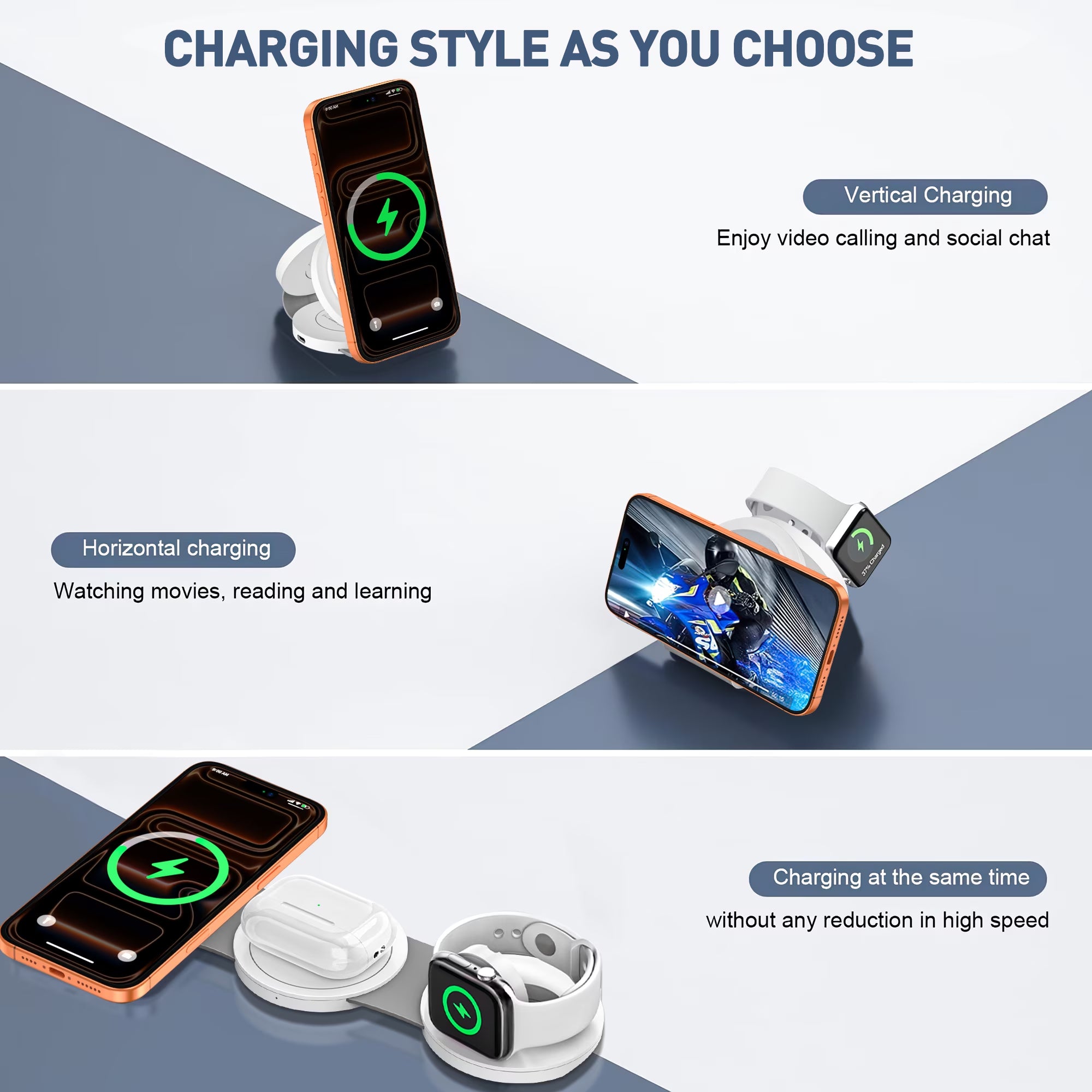 Wireless Charger for Iphone, 3 in 1 Charging Station for Iphone Devices, 15W Fast Wireless Charger Stand for Iphone 16 15 14 13 12 Pro Max, Charging Pad for Airpods 3/2/Pro, Iwatch 9/8/7/6/SE/5/4