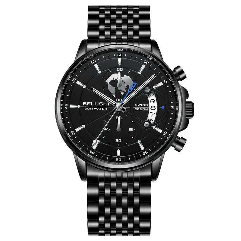 Belushi New Fashion Business Three-Eye Chronograph Genuine Leather Luminous Watch Steel Band Personalized Luxury Watch for Men