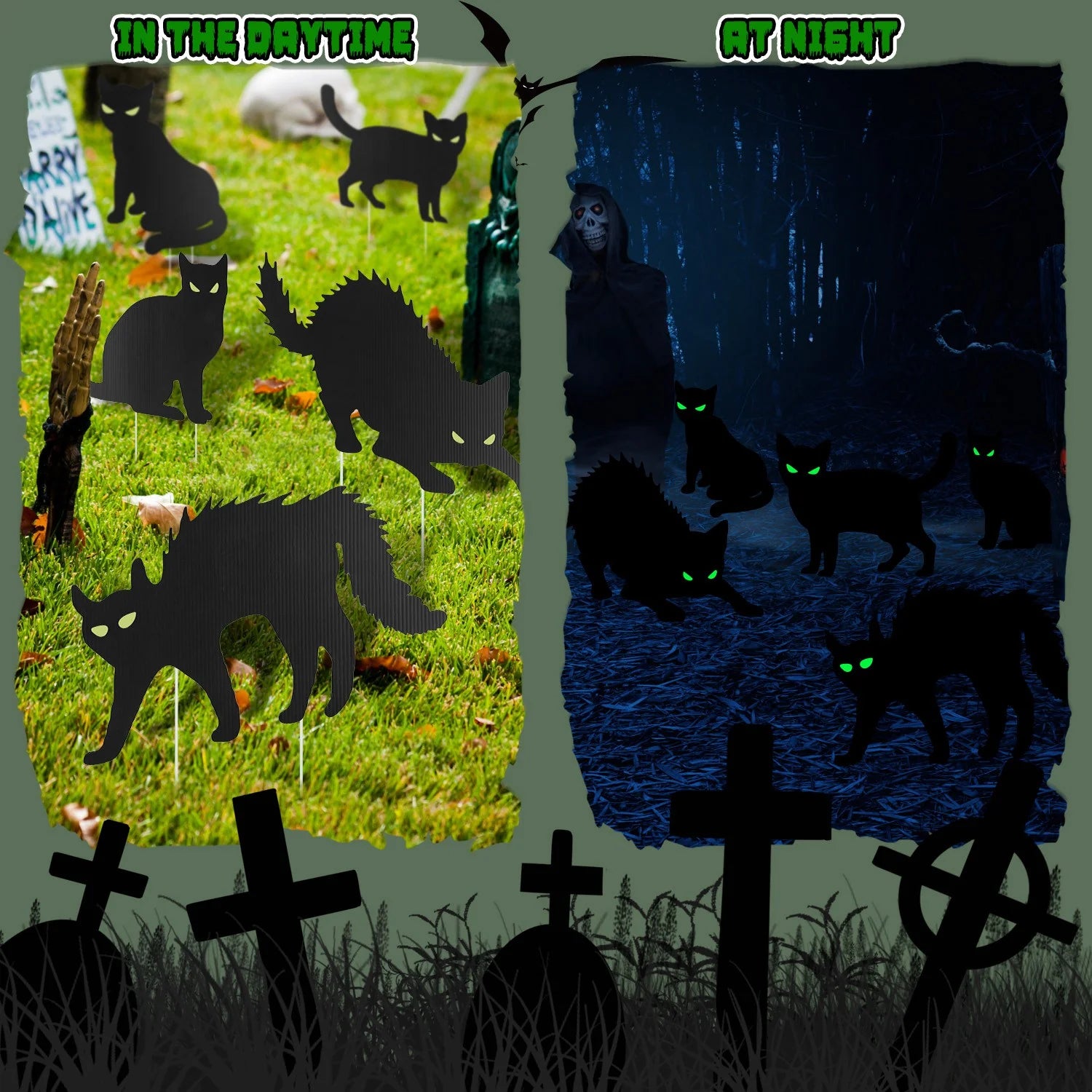 6Pcs Skull or 6Pcs Tomb or 5Pcs Black Cat Halloween Yard Sign Decorations Glow in the Dark for Haunted House Garden Yard and Scary Theme Party