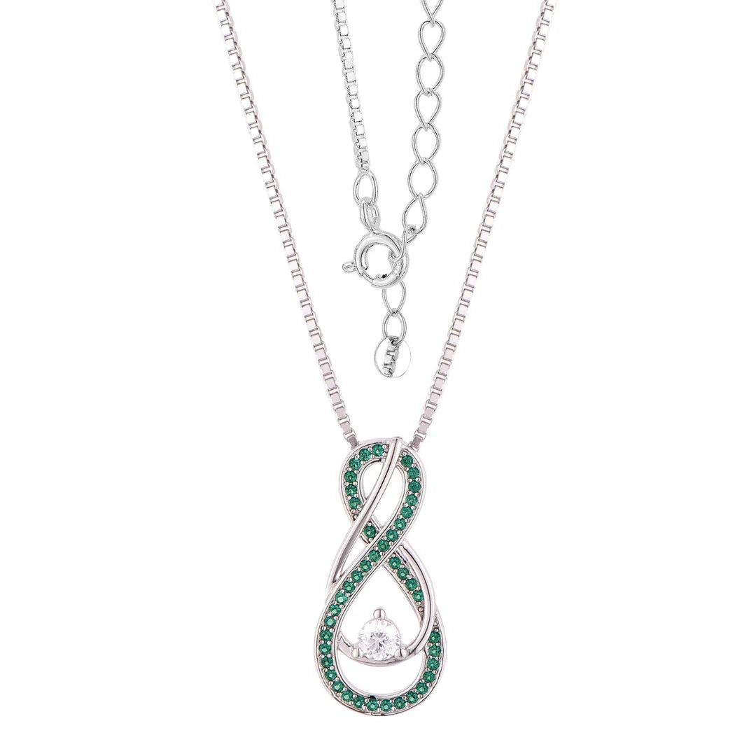 May Birthstone Necklace for Women — Emerald Green Infinity Pendant, 925 Sterling Silver