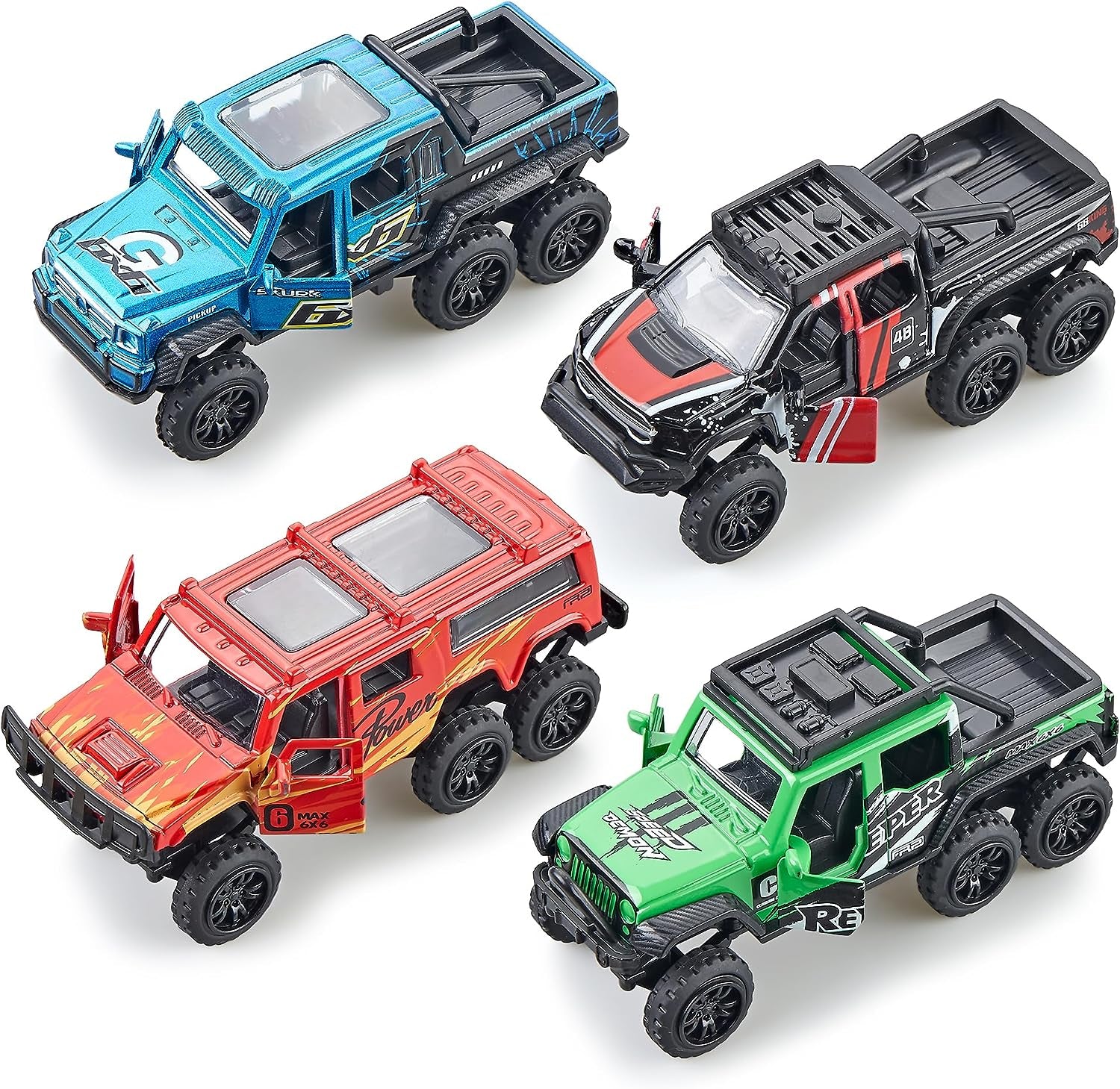 Pick-Up Trucks Open Door Die Cast Metal Toy Cars Pull Back 4 Pack