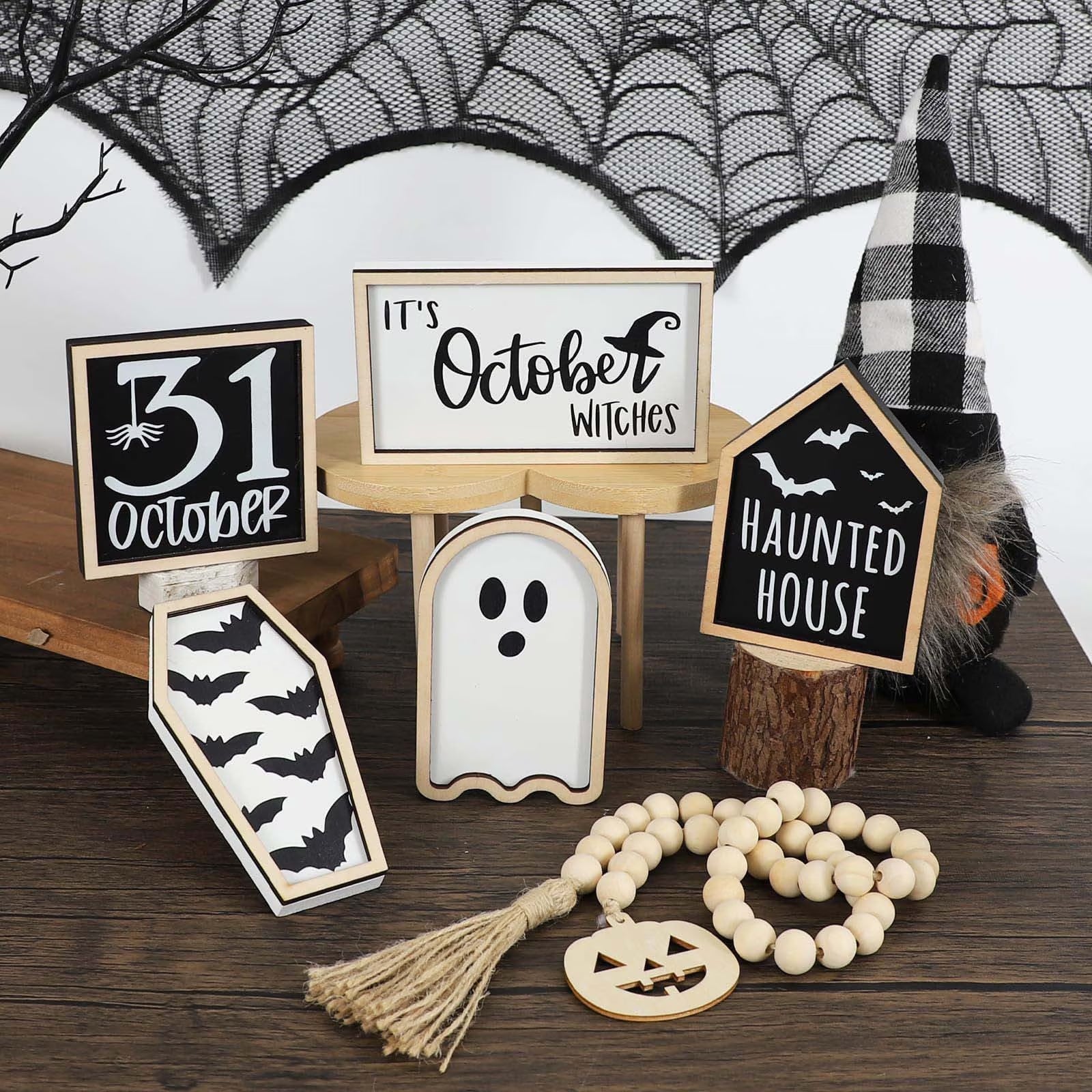 6 Pcs Halloween Tiered Tray Decorations Set Cute Halloween Wooden Signs Halloween Decorations Indoor Farmhouse Rustic Tiered Tray Decor Halloween Party Decorations