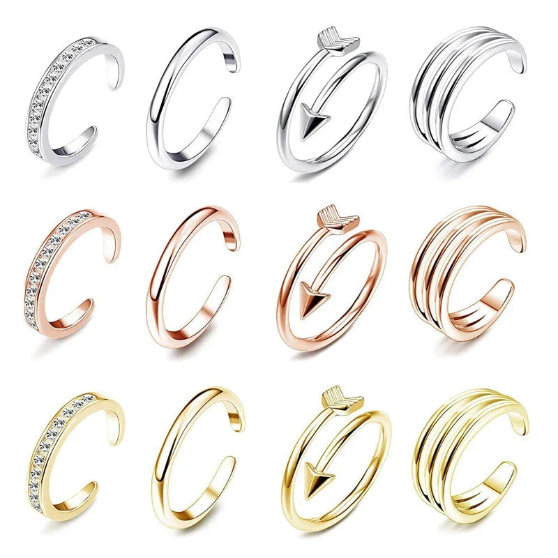 4Pcs Simple Alloy Crystal Foot Ring Adjustable Opening Toe Ring for Women Girl Summer Beach Vacation Jewelry Finger Ring