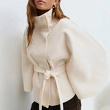 Winter High Neck Batwing Sleeve Coat with Belt Fashion Loose Elegant Button Top Trench Coat for Women Clothing