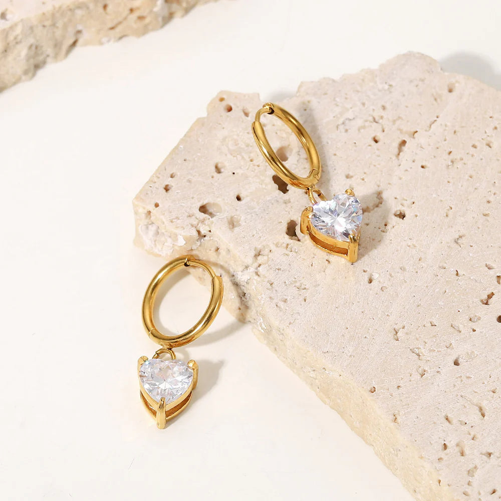 White Heart Huggie Earrings for Women — 18K Gold Plated, CZ Heart Accent, 925 Sterling Silver