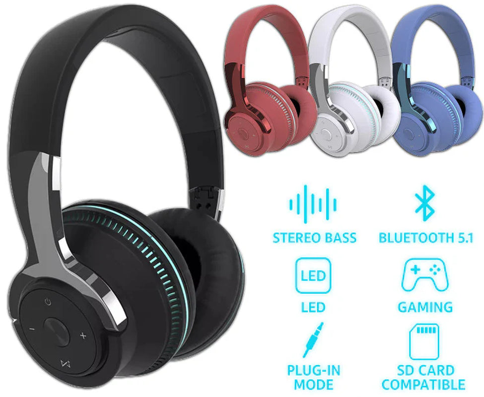 Wireless Bluetooth 5.1 Headphones over Ear LED Headset Stereo Noise Cancelling