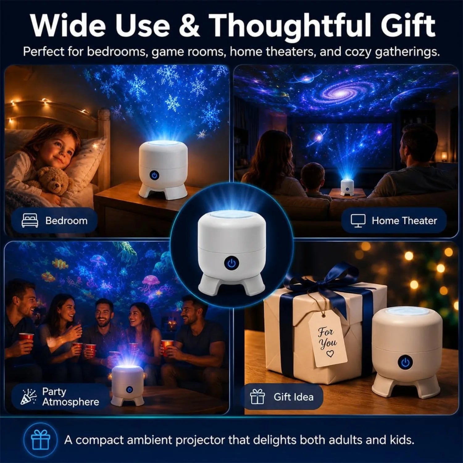 Dynamic Rotating LED Ocean Projector Light, USB Rechargeable Night Light with Adjustable Brightness