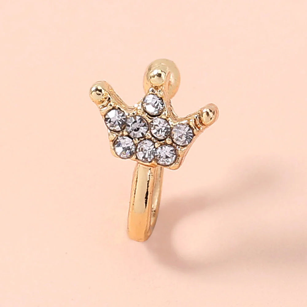 Gold Rhinestone Nose Ring, Mini Crown Rhinestone Nose Ring, Piercing Crown Nose Clip