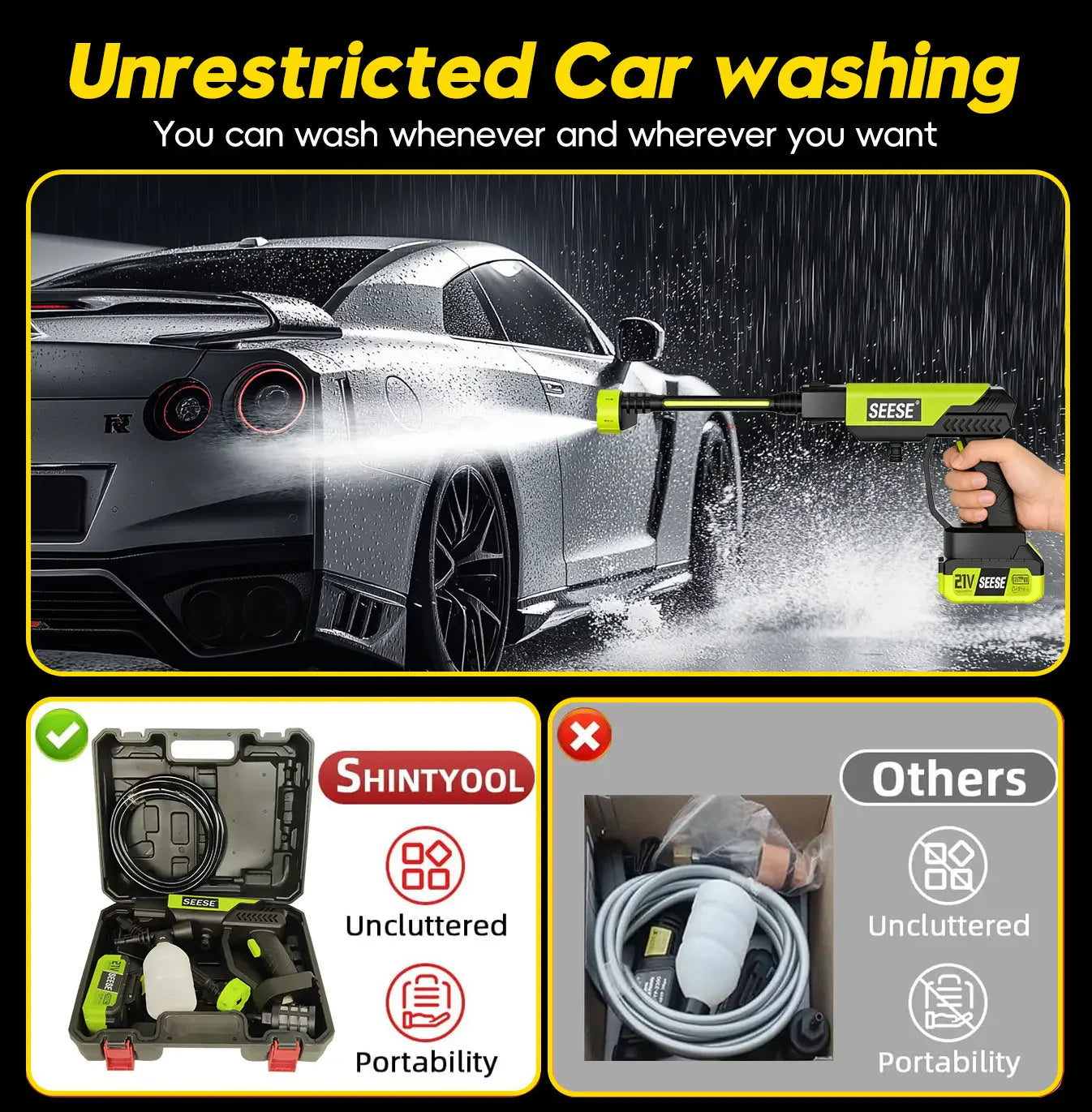 【Fathersdaygift】Seese Cordless Pressure Washer and Single Port Charger Base, Bottle Portable Washer for Car,Home Cleaning & Garden Watering Fathersdaygift