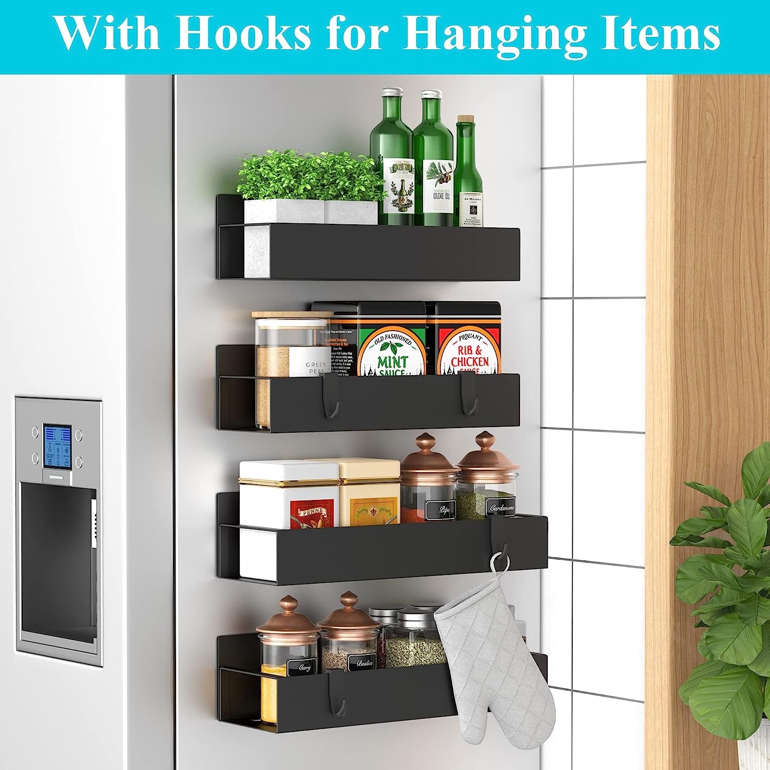 Metal Magnetic Spice Rack for Refrigerator Black, 4 Pack