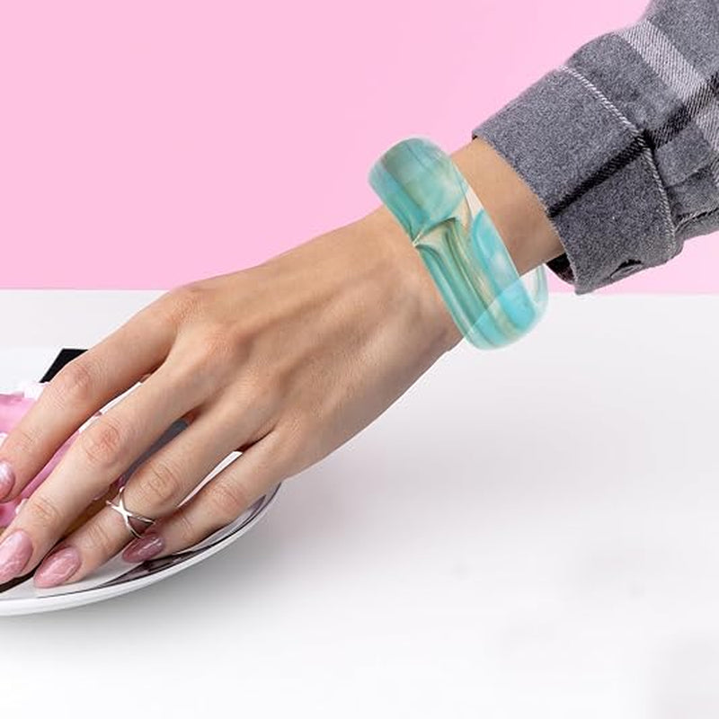 Geometric Acrylic Bangle Bracelet Retro Vintage 2Pcs for Women Green Tone, Irregular Rounded Profile, Smooth Edges, Party Events and Summer Beach Occasions