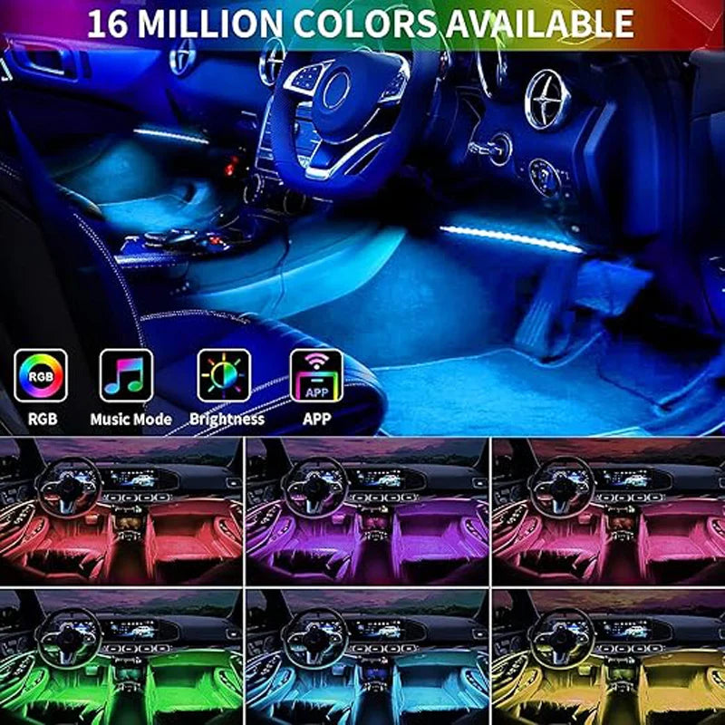 Car LED Strip Lights Kit, Auto Interior Ambient RGB LED Strip Atmosphere Car Decorative Lamp with Bluetooth Music Sync App Remote Control