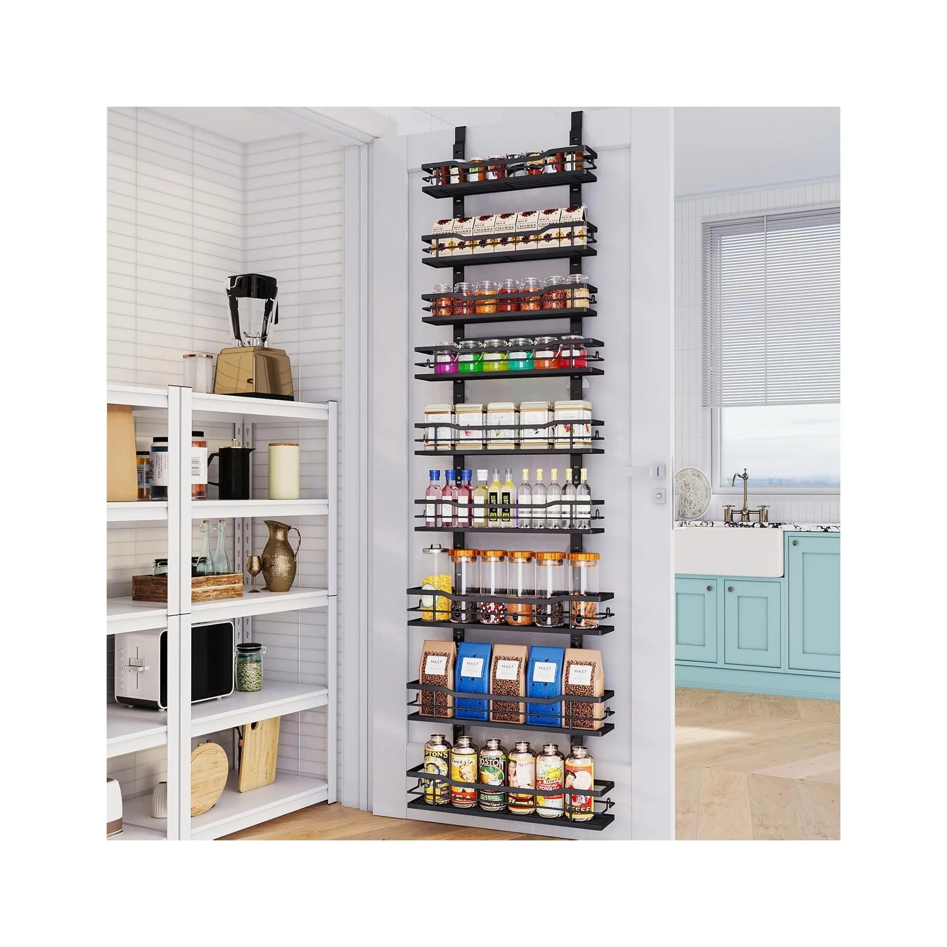 Over the Door Pantry Organizer，9-Tier over the Door Organizer with Adjustable Basket，Metal Hanging Pantry Organizers and Storage for Kitchen, Back of Door Seasoning Rack