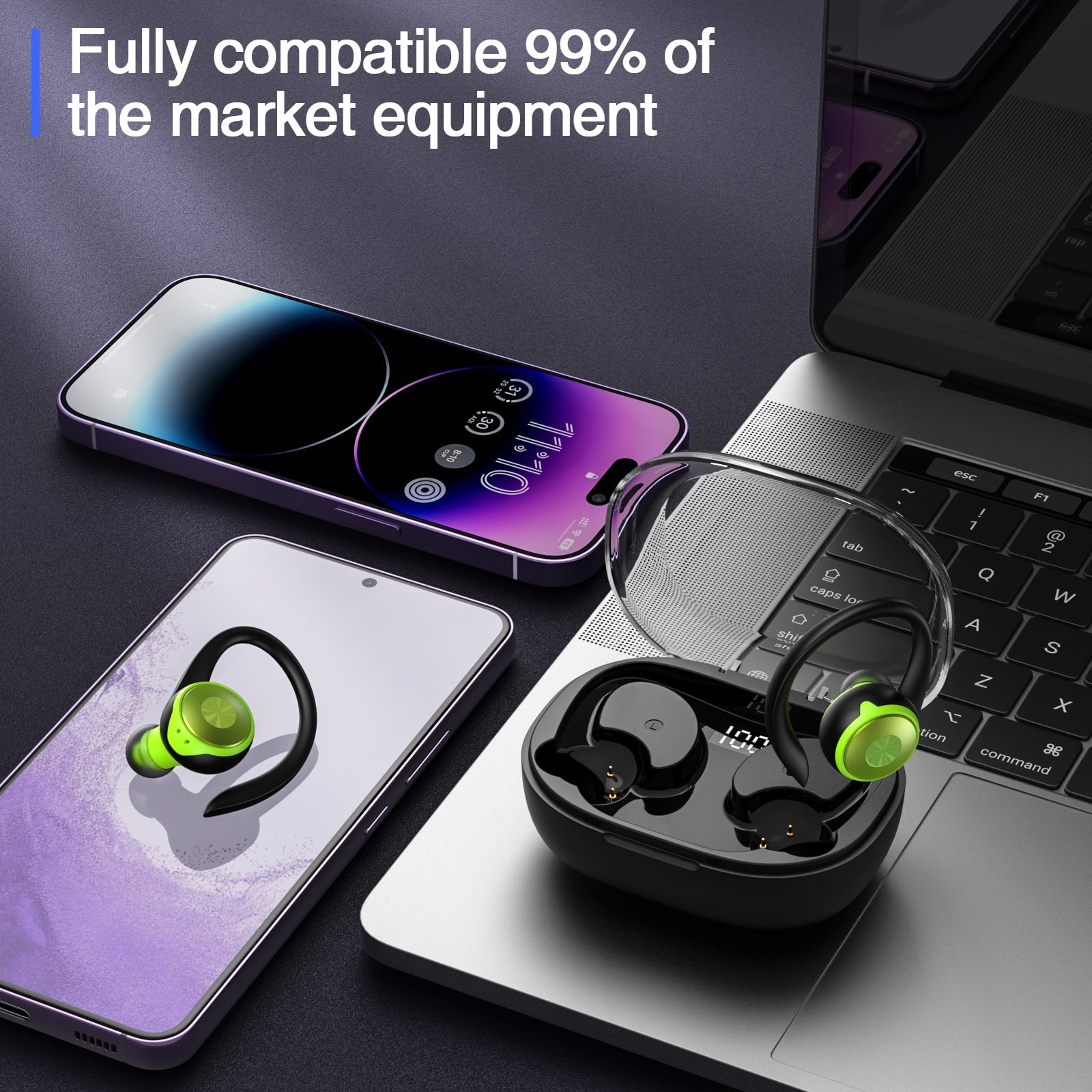Wireless Earbuds, Bluetooth 5.3 Sports Headphones with Earhooks Stereo Deep Bass Noise Cancelling Earphones 48H Playtime LED Display IPX7 Waterproof Earbud with Mic Headset for Workout Running