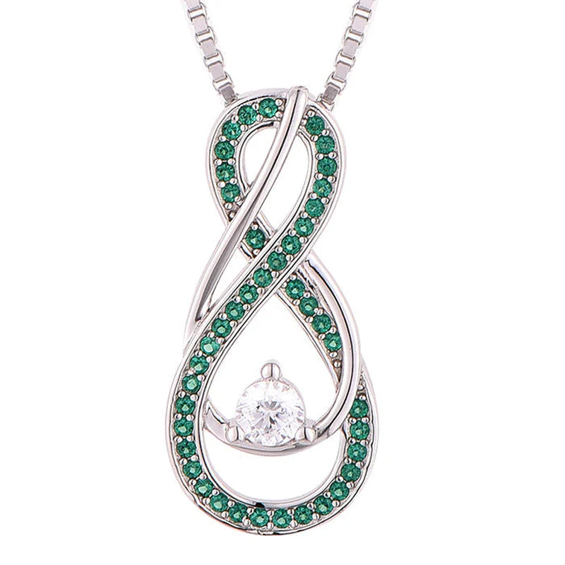 May Birthstone Necklace for Women — Emerald Green Infinity Pendant, 925 Sterling Silver