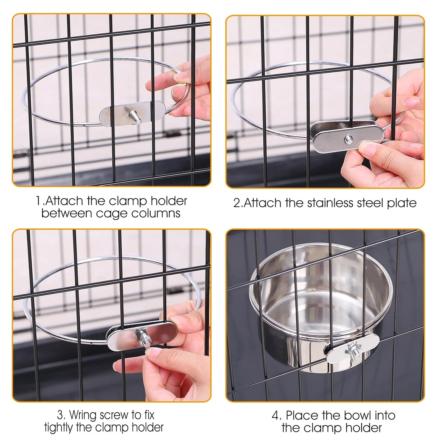 1Pc M Size Stainless Steel Dog Bowl Pets Hanging Food Bowl Detachable Pet Cage Food Water Bowl with Clamp Holder