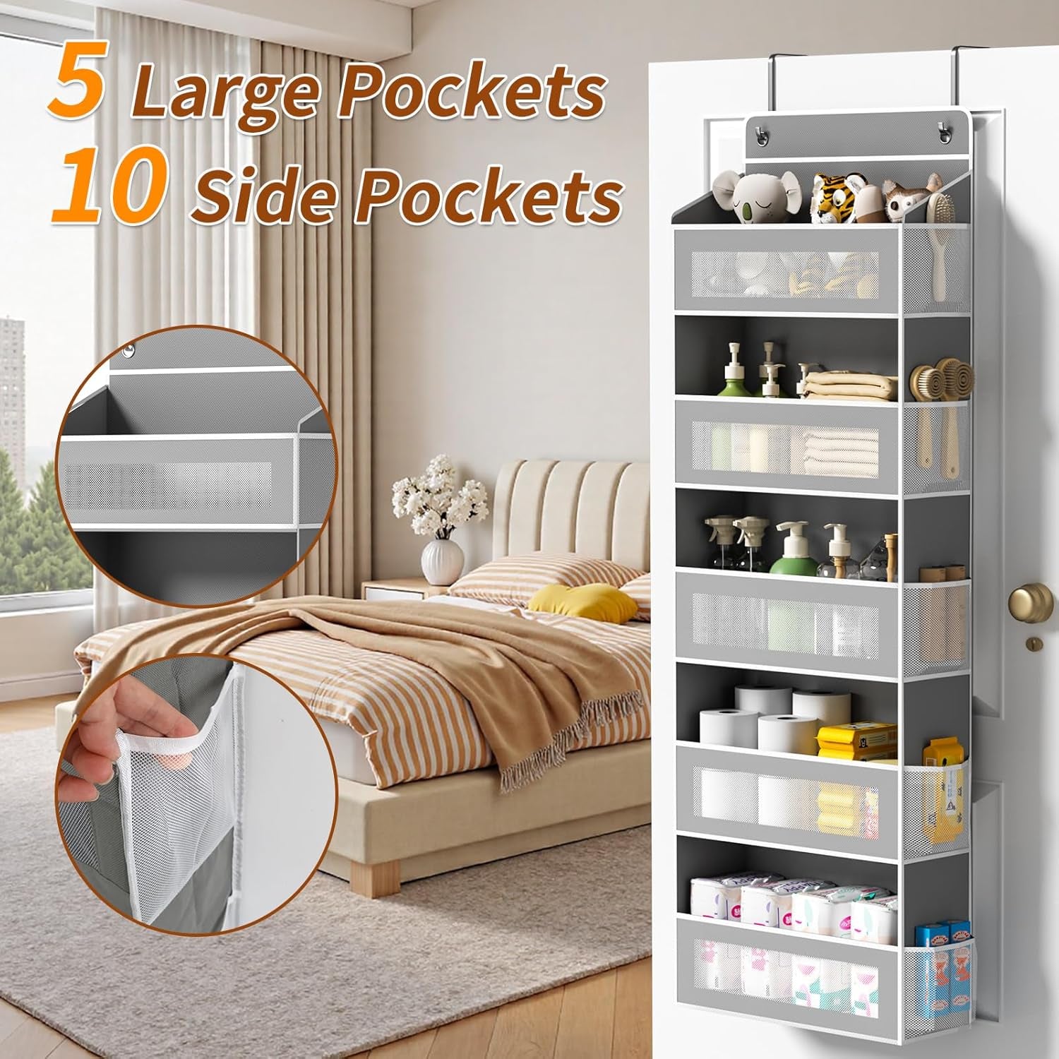 5-Tier Over-the-Door Organizer – Hanging Storage with 10 Side Pockets