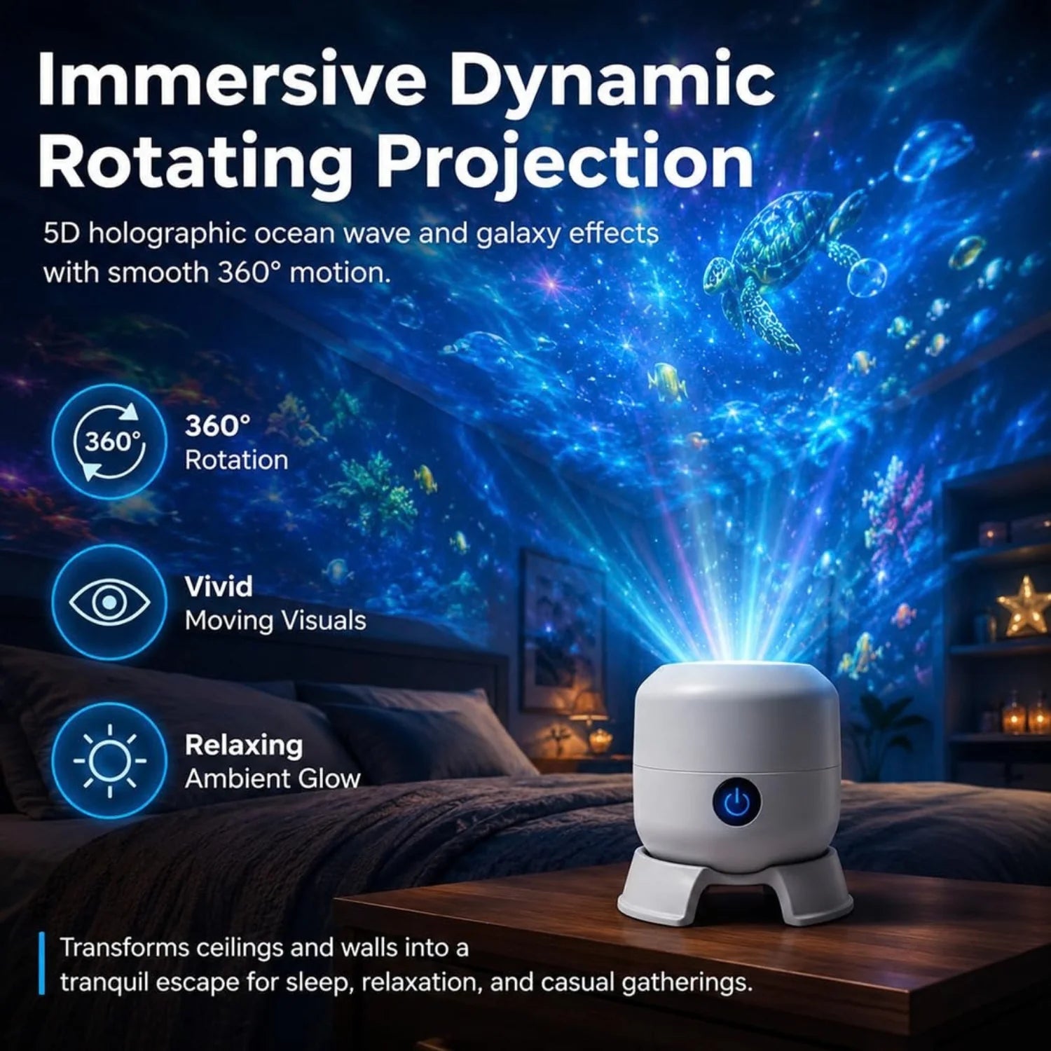 Dynamic Rotating LED Ocean Projector Light, USB Rechargeable Night Light with Adjustable Brightness