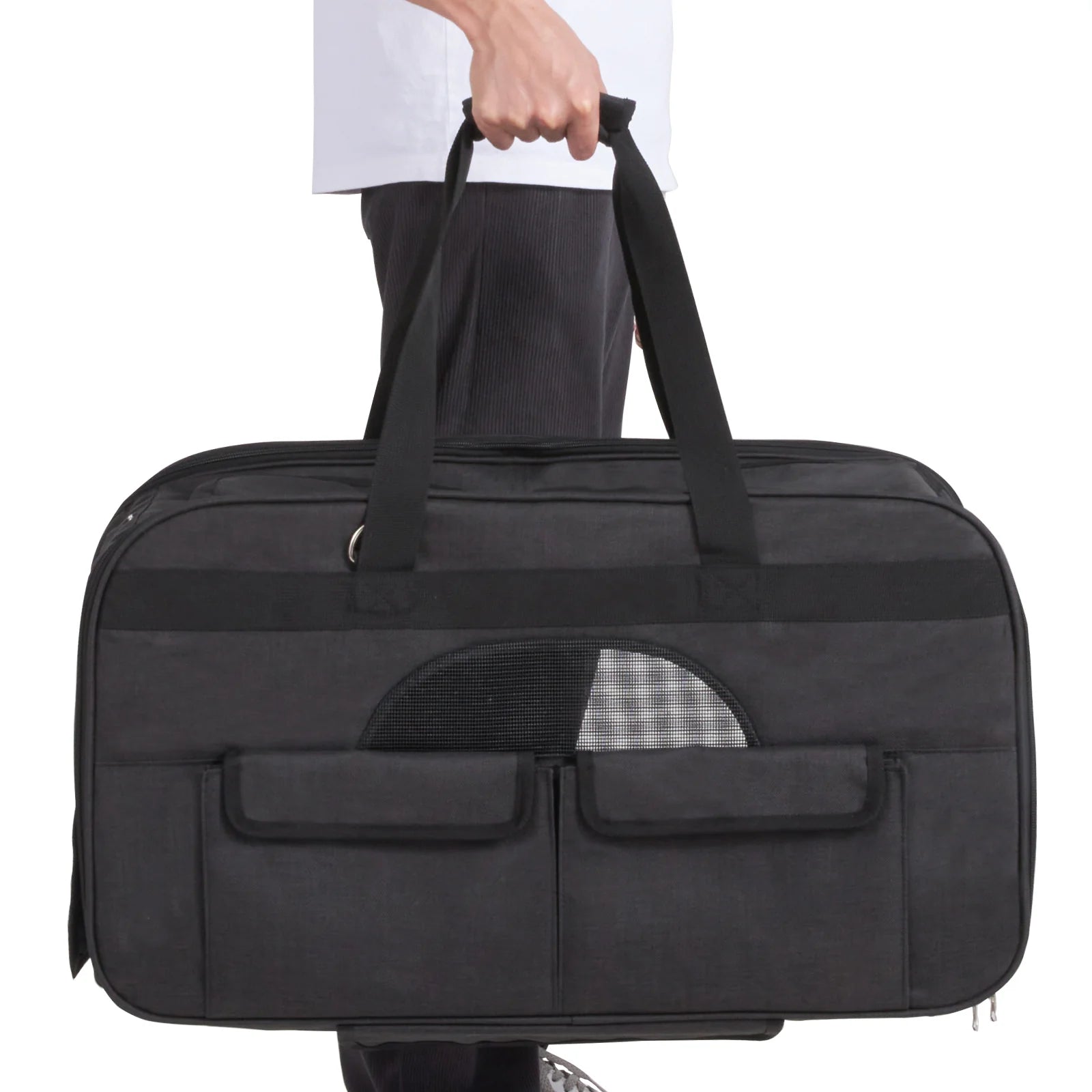 Cat Carrier with Wheels, Rolling Pet Carrier with Telescopic Handle and Shoulder Strap, Dog Carrier with Wheels for Pets under 35 Lbs, with 1 Folding Bowl, Black