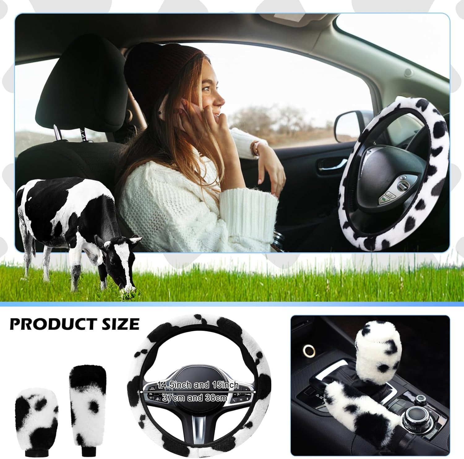 3PCS Furry Cow Print Steering Wheel Cover,Auto Plush Cute Cows Shift Gear & Hand Brake Covers Soft Warm Universal Car Interior Accessories for Women Men(Black)