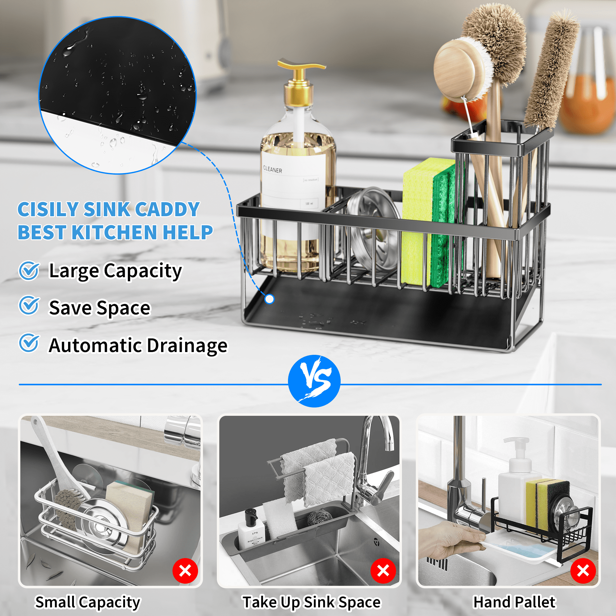 Cisily Kitchen Item Sink Caddy Kitchen Organizer, Sponge Holder for Kitchen Sink, Drain on an Incline Kitchen Sink Organizer,Rust-Resistant Metal Black Sink Caddy,Sink Caddy with Brush Holder