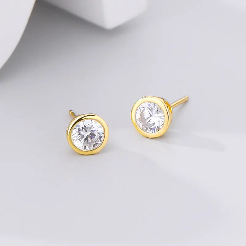 Round Zircon Stud Earrings for Women — 925 Sterling Silver, 18K Gold Plated