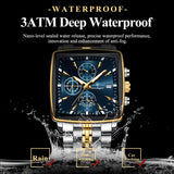 Fashion Men Watch Luminous Waterproof Chronograph Date Man Wristwatch Square Stainless Steel Quartz Men'S Watches Reloj