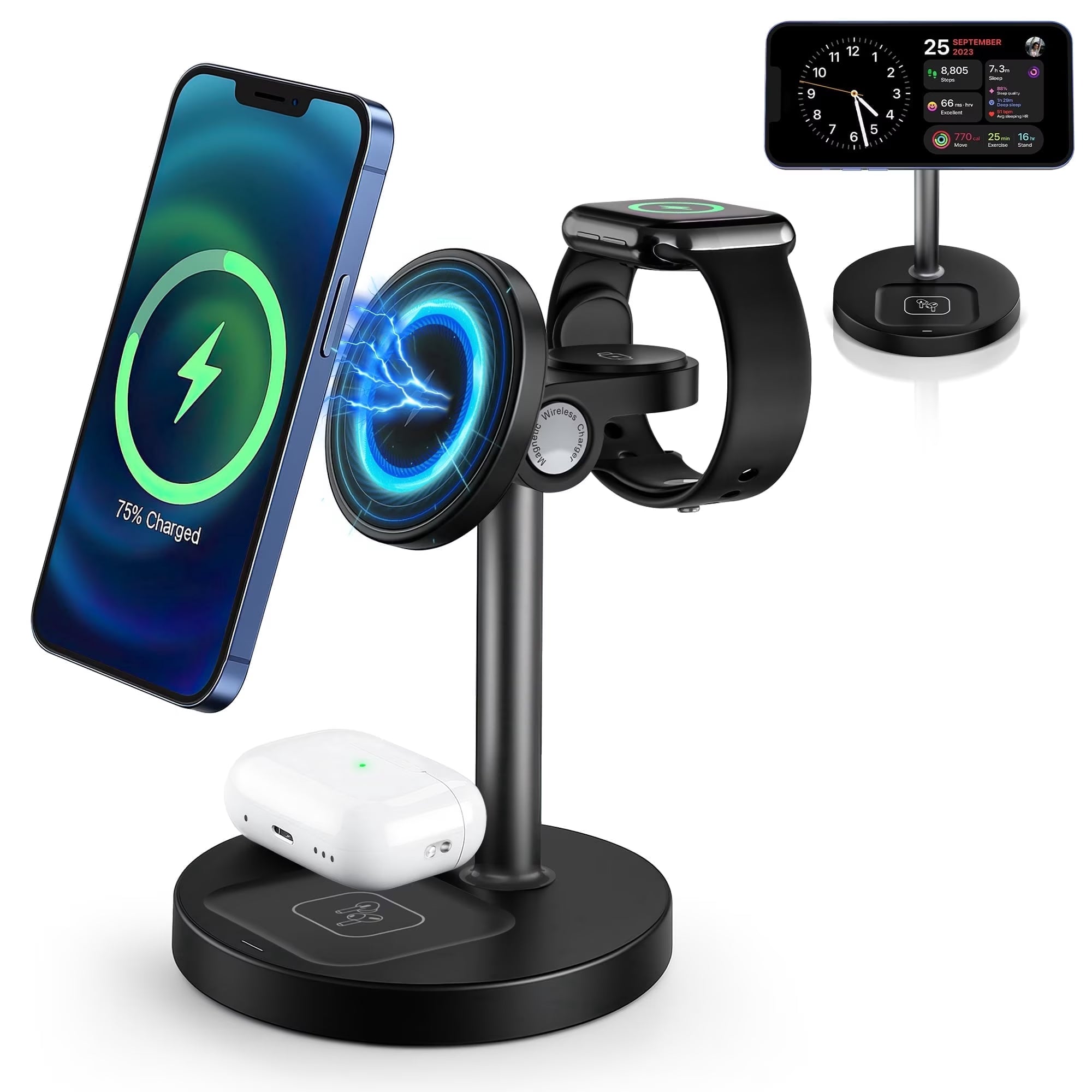 Wireless Charger for Iphone, 3 in 1 Charging Station for Iphone Devices, 15W Fast Wireless Charger Stand for Iphone 16 15 14 13 12 Pro Max, Charging Pad for Airpods 3/2/Pro, Iwatch 9/8/7/6/SE/5/4
