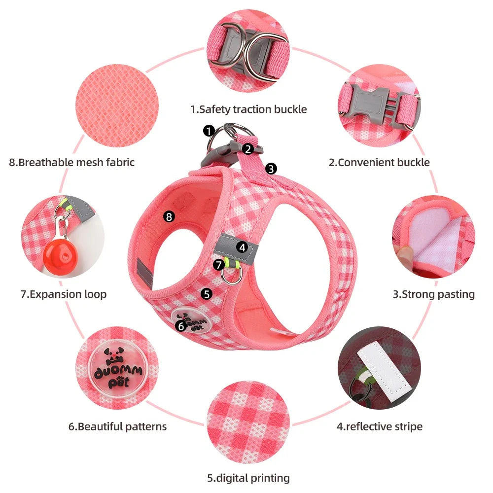 Checked Harness Small Medium-Sized Dog Cat Reflective Breathable Dog Lead Teddy Step in Bichon Pet Walking Harness Leash Rope (L)
