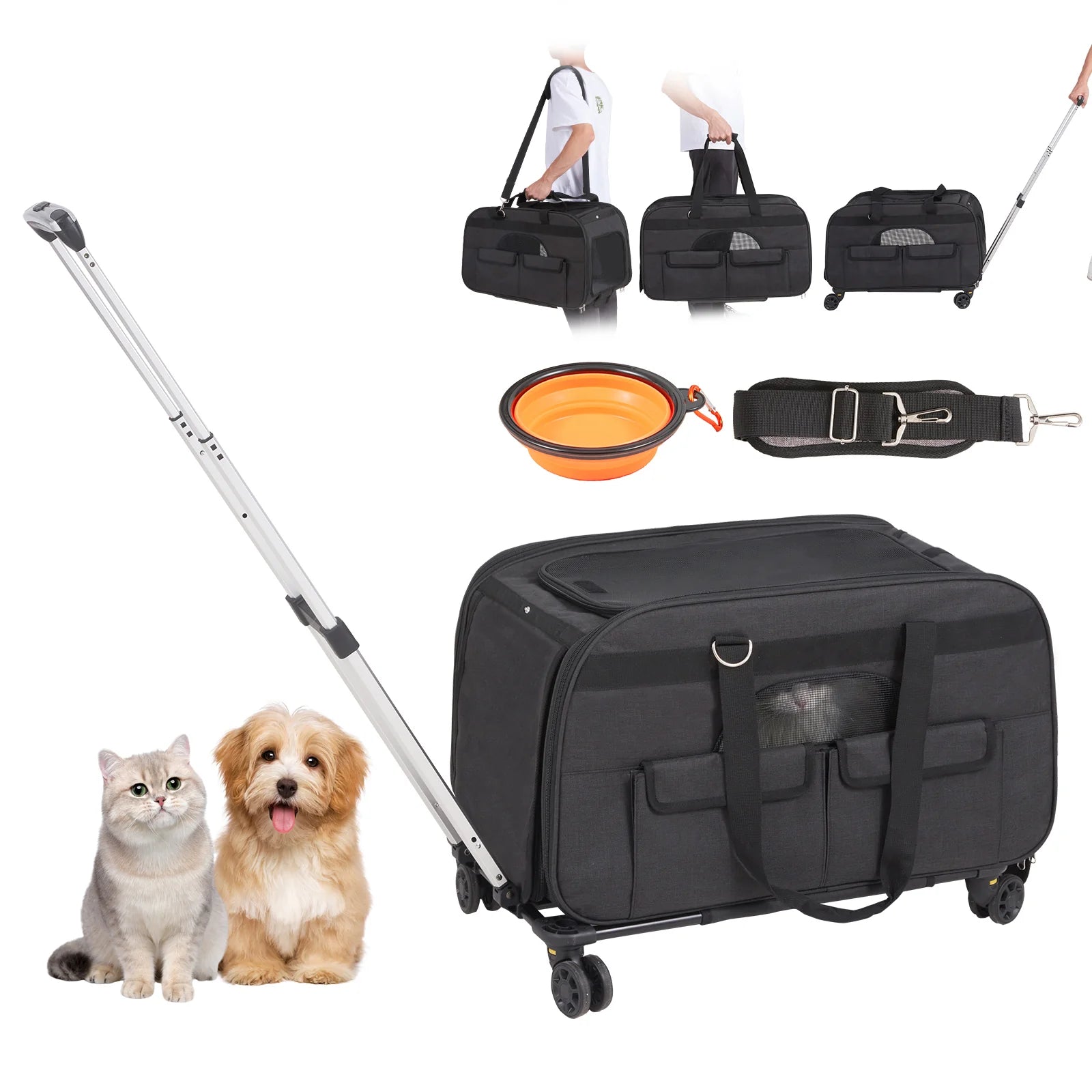 Cat Carrier with Wheels, Rolling Pet Carrier with Telescopic Handle and Shoulder Strap, Dog Carrier with Wheels for Pets under 35 Lbs, with 1 Folding Bowl, Black
