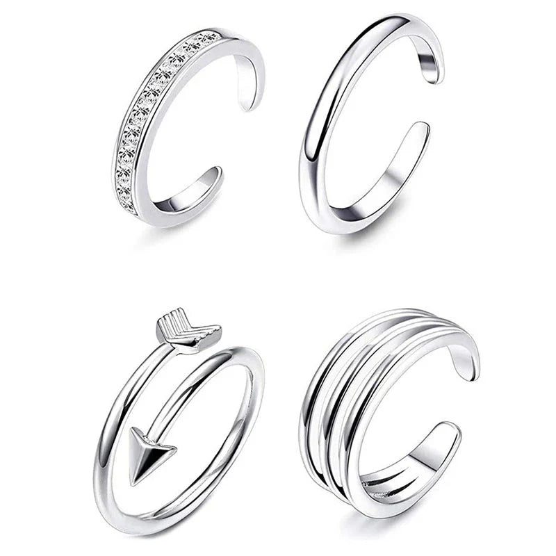 4Pcs Simple Alloy Crystal Foot Ring Adjustable Opening Toe Ring for Women Girl Summer Beach Vacation Jewelry Finger Ring