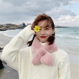 Thickened Solid Color Fuzzy Neck Warmer, Warm Faux Rex Rabbit Fur Cross Scarf, Plush Fur Collar