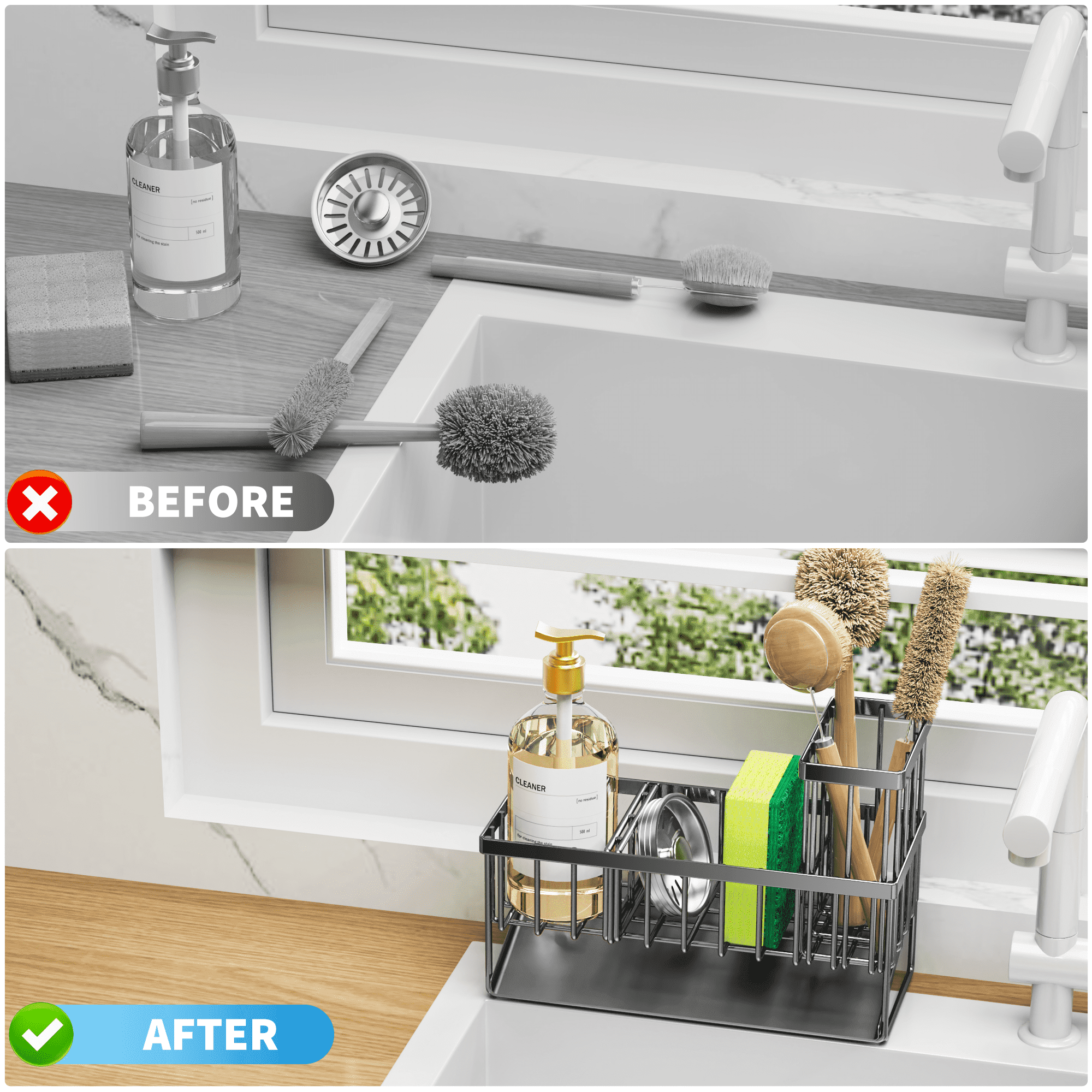 Cisily Kitchen Item Sink Caddy Kitchen Organizer, Sponge Holder for Kitchen Sink, Drain on an Incline Kitchen Sink Organizer,Rust-Resistant Metal Black Sink Caddy,Sink Caddy with Brush Holder
