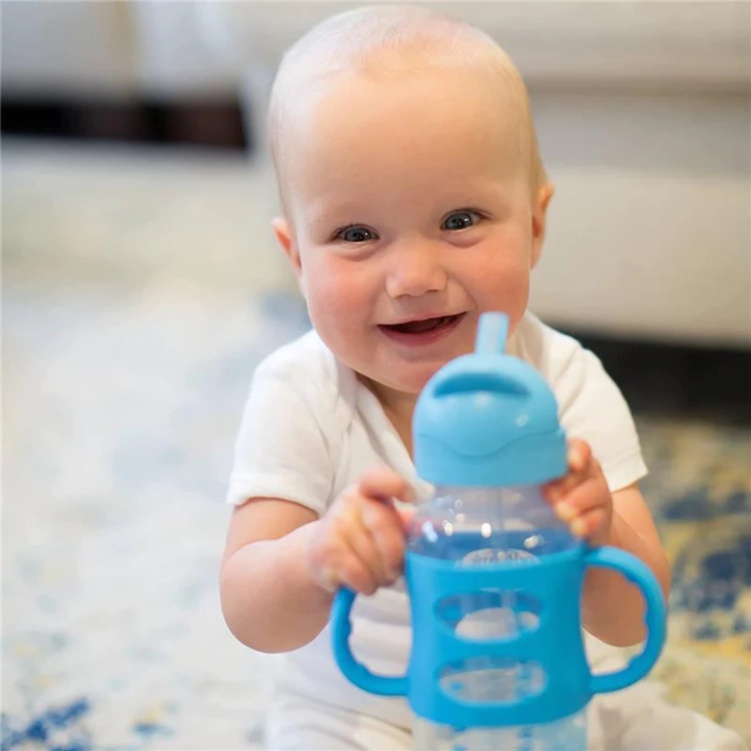 Milestones Wide-Neck Sippy Straw Bottle, 100% Silicone Handles, 9Oz/270Ml, 6M+, Blue