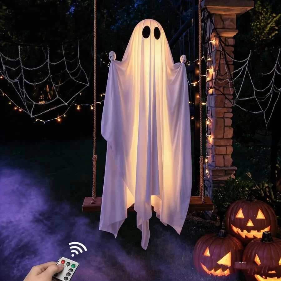 Large Pre-Assembled Hanging Swing Ghost with Timer Remote Lights Strings