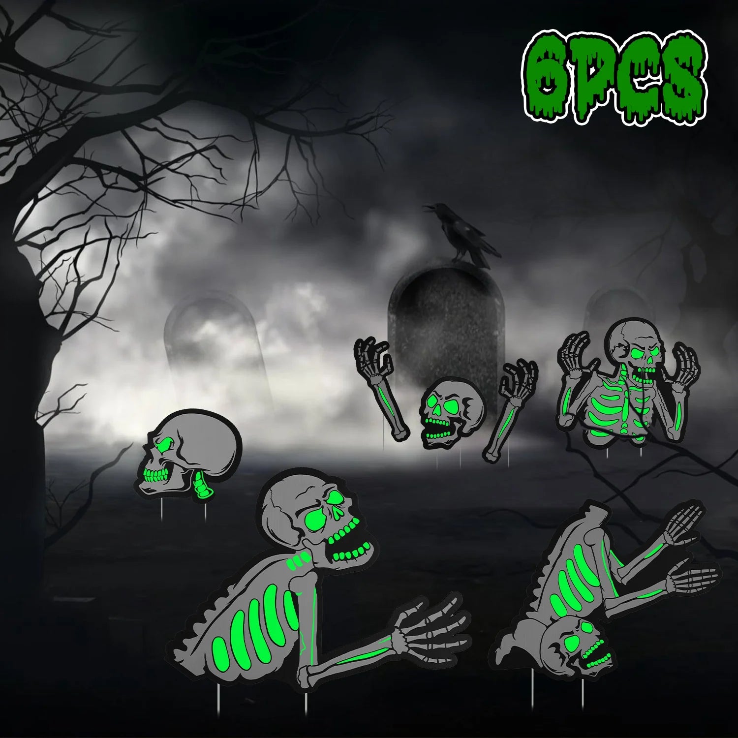 6Pcs Skull or 6Pcs Tomb or 5Pcs Black Cat Halloween Yard Sign Decorations Glow in the Dark for Haunted House Garden Yard and Scary Theme Party