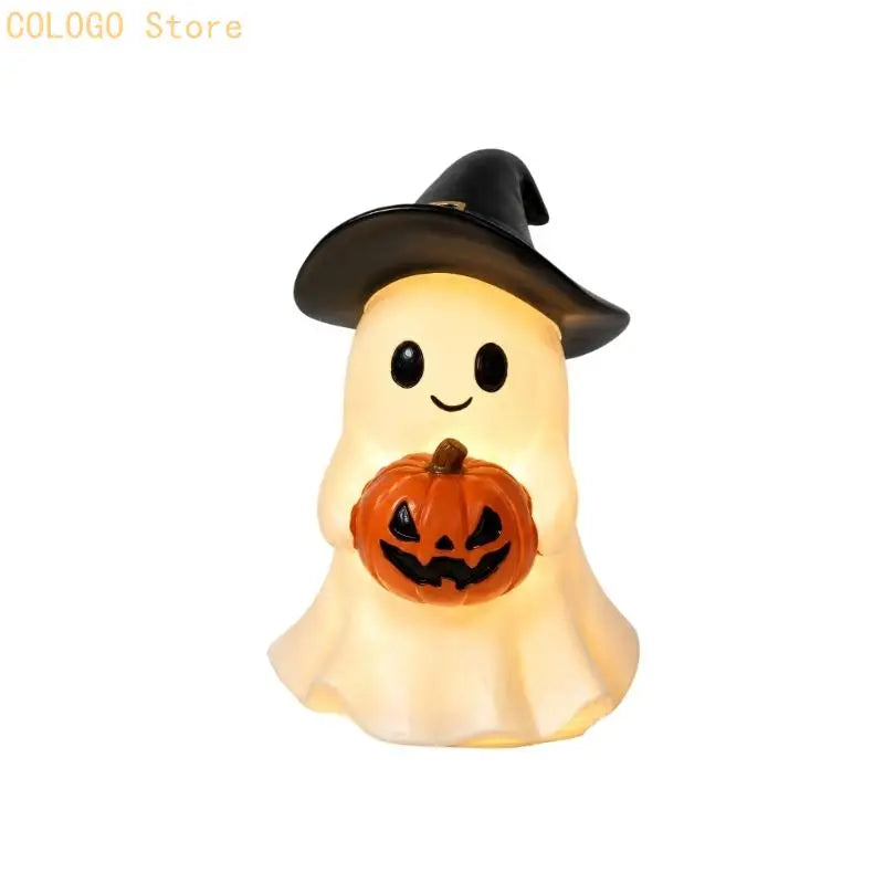 Halloween Shelf Decors Light up Figurine with Friendly Ghostly and Pumpkin, Resins Tabletop Accent for Home and Party Styling