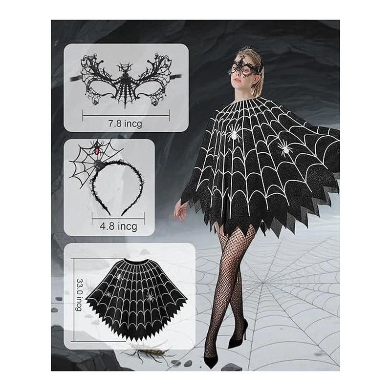 Spider Web Poncho for Women, Glow in the Dark Halloween Dress Cosplay Costume with Headband and Mask Outfit