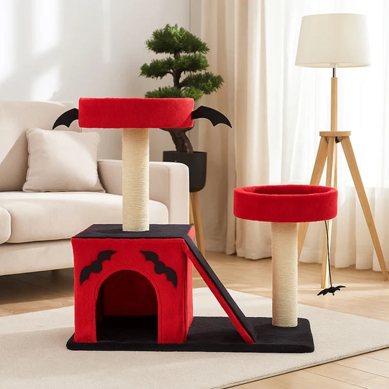 Halloween Cat Climbing Frame Gothic Cat Tree, Cat Tower with Spacious Cat Condo, 2 Padded Perches, Spider Toy, Scratching Posts, Scratching Ladder for Large Cats, Red & Black
