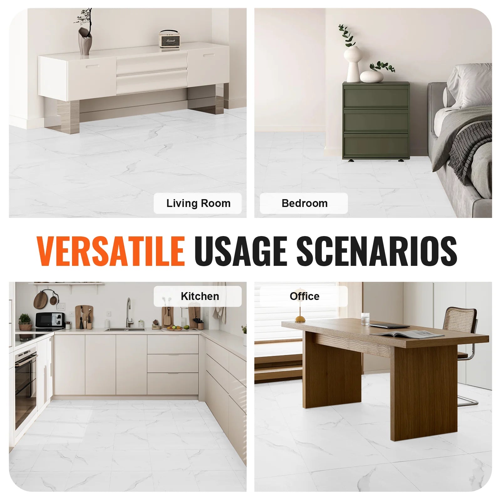 Self Adhesive Vinyl Floor Tiles 12 X 12 Inch, 50 Tiles 1.5Mm Thick Peel & Stick, White Marble Texture DIY Flooring for Kitchen, Dining Room, Bedrooms & Bathrooms, Easy for Home Decor