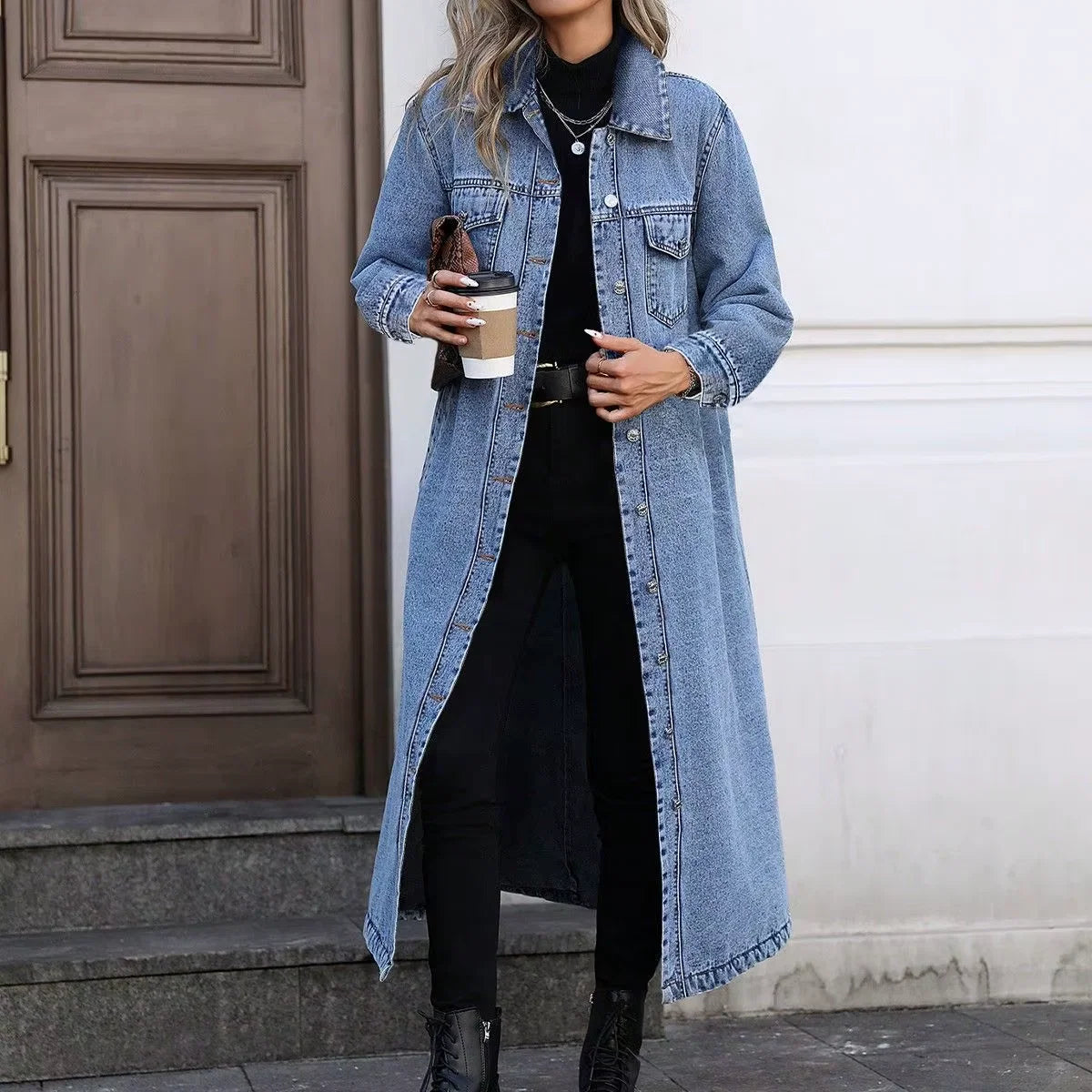 Denim Coats Moto Biker Jeans for Women Long Jackets Pocket Long Sleeves Single Breasted Loose Casual Y2K 2025 Autumn Winter
