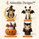Halloween Wooden Tabletop Decor, Hand-Painted Owl Ghost Pumpkin & Vampire Cat Figurines for Shelf Mantel Party Decoration