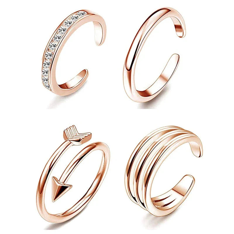 4Pcs Simple Alloy Crystal Foot Ring Adjustable Opening Toe Ring for Women Girl Summer Beach Vacation Jewelry Finger Ring