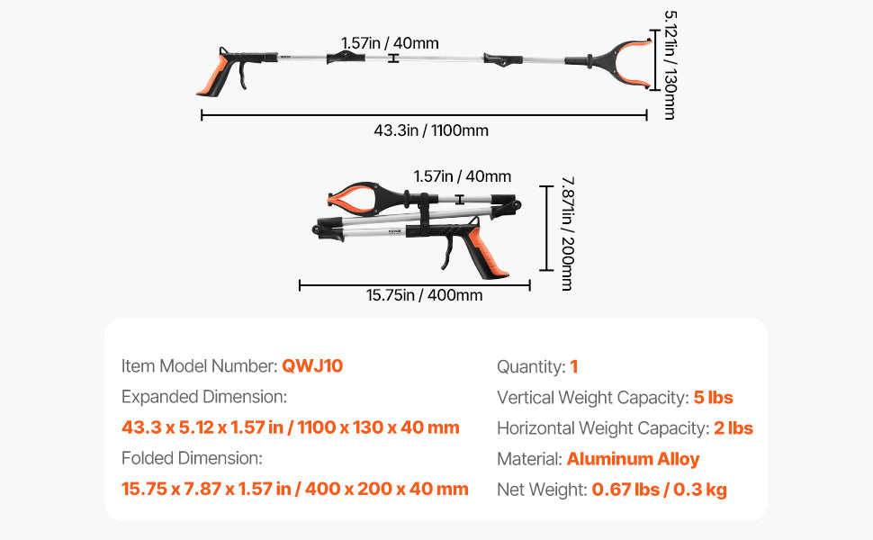 43" Foldable Reacher Grabber with LED Light & Rotating Jaw