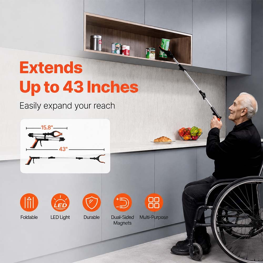 43" Foldable Reacher Grabber with LED Light & Rotating Jaw